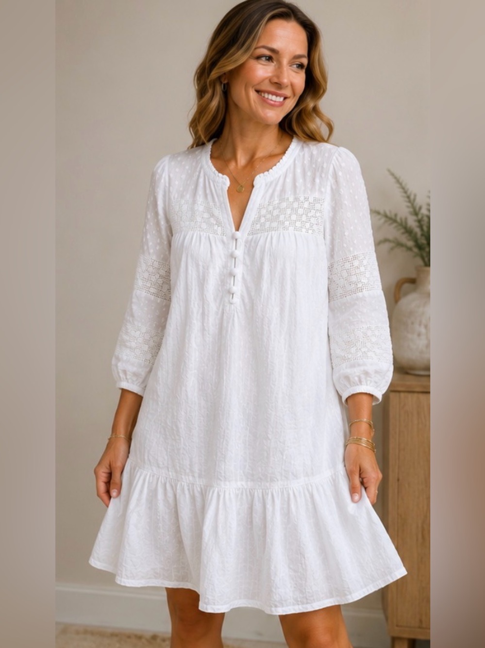 LOFT White Swiss Dot Lace Trim Peasant Dress Size Small Boho Cotton